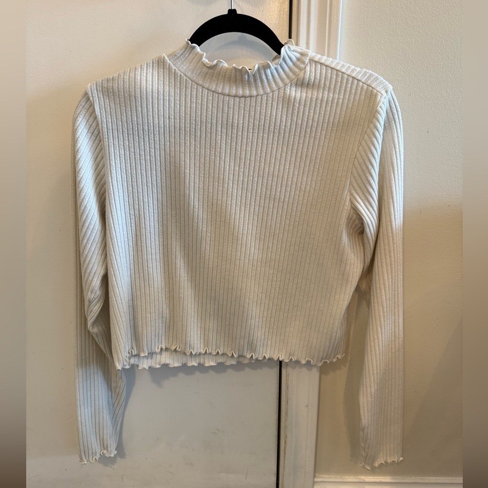 BP Cropped White Turtleneck Ribbed Texture Top with Ruffle Accent XL